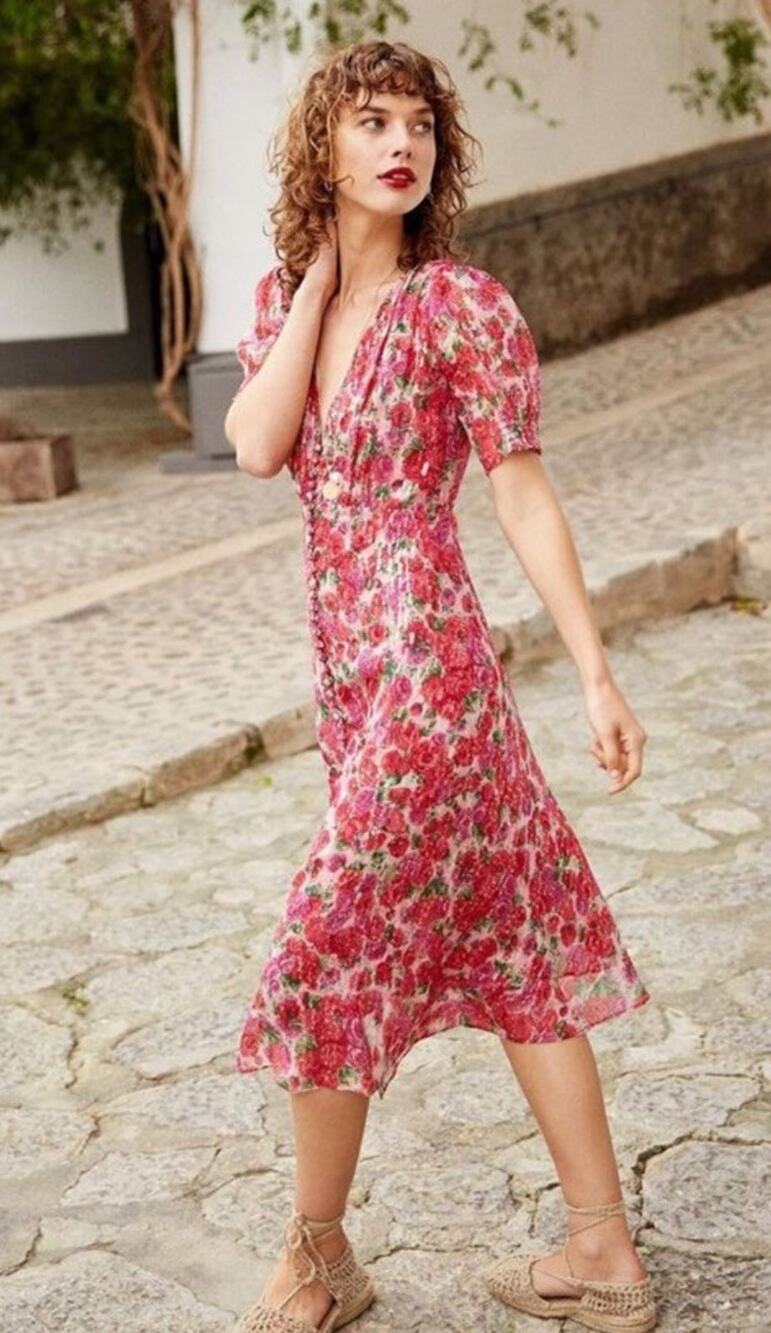 NWT The Kooples Cherry Blossom Silk Puff Sleeve Midi Dress V Neck Size 1 US 4